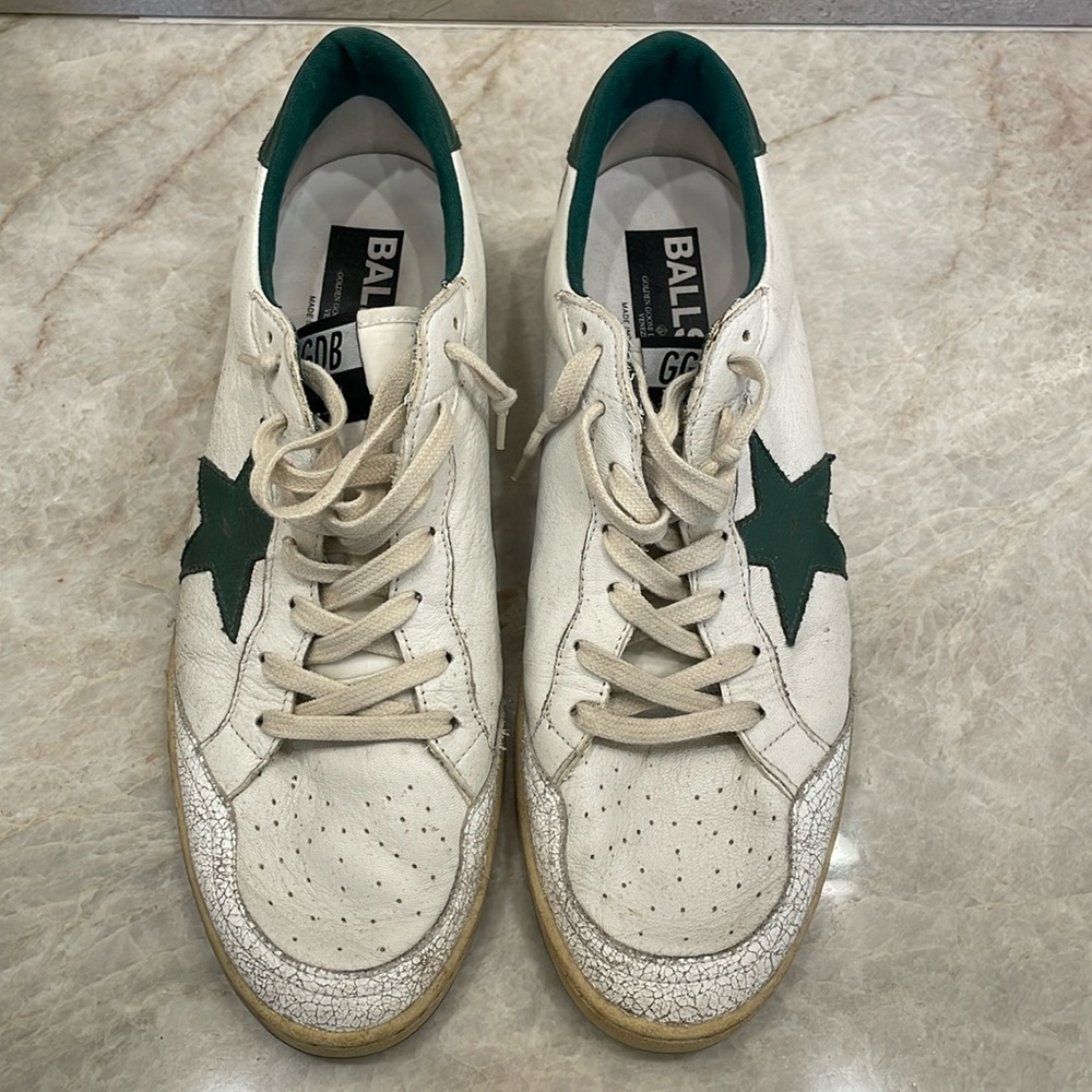 Men’s Golden Goose Ballstar Sneakers, white/green leather, EU 45